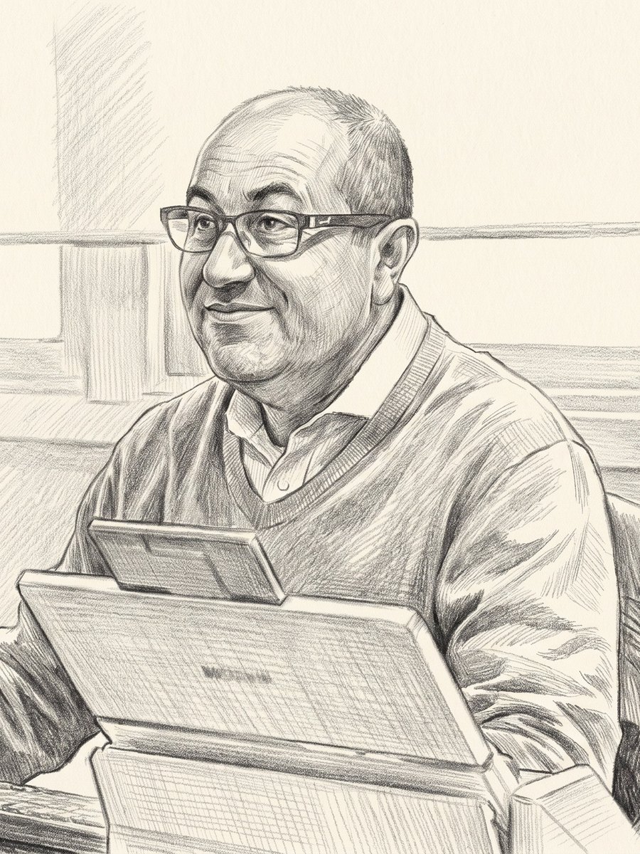 Integrante del equipo de la 41ª Notaría de Santiago atendiendo en su computador — dibujo a grafito