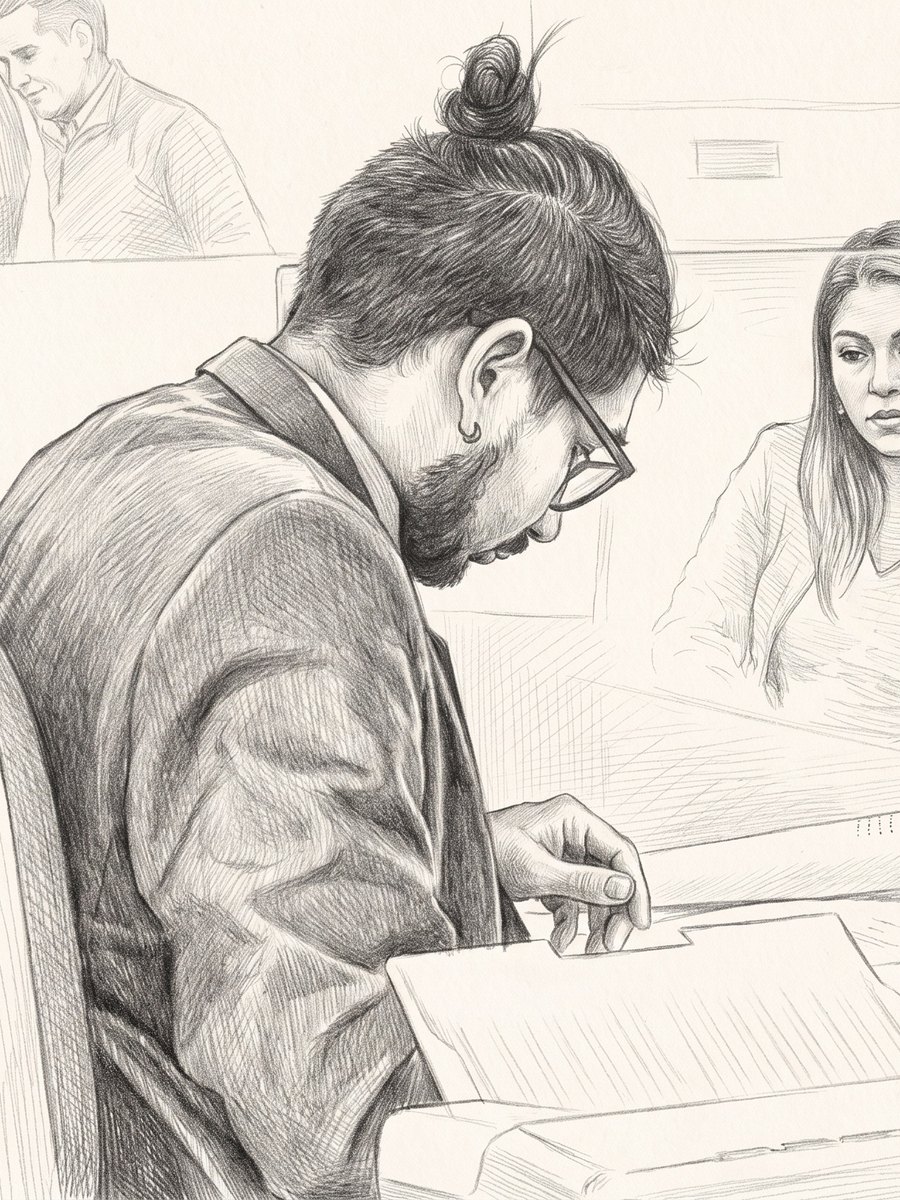 Integrante del equipo de la 41ª Notaría de Santiago revisando un expediente — dibujo a grafito