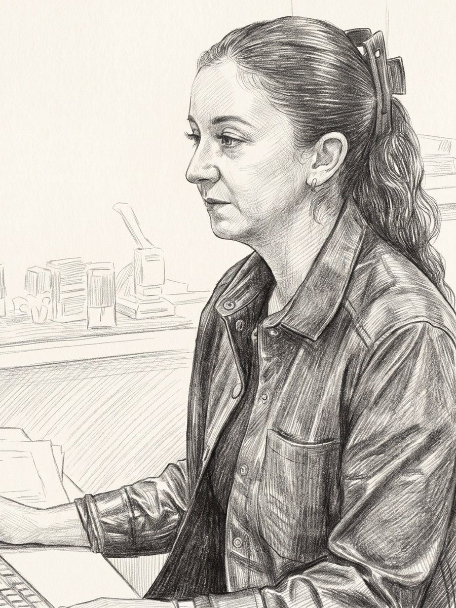 Integrante del equipo de la 41ª Notaría de Santiago timbrando en la caja — dibujo a grafito