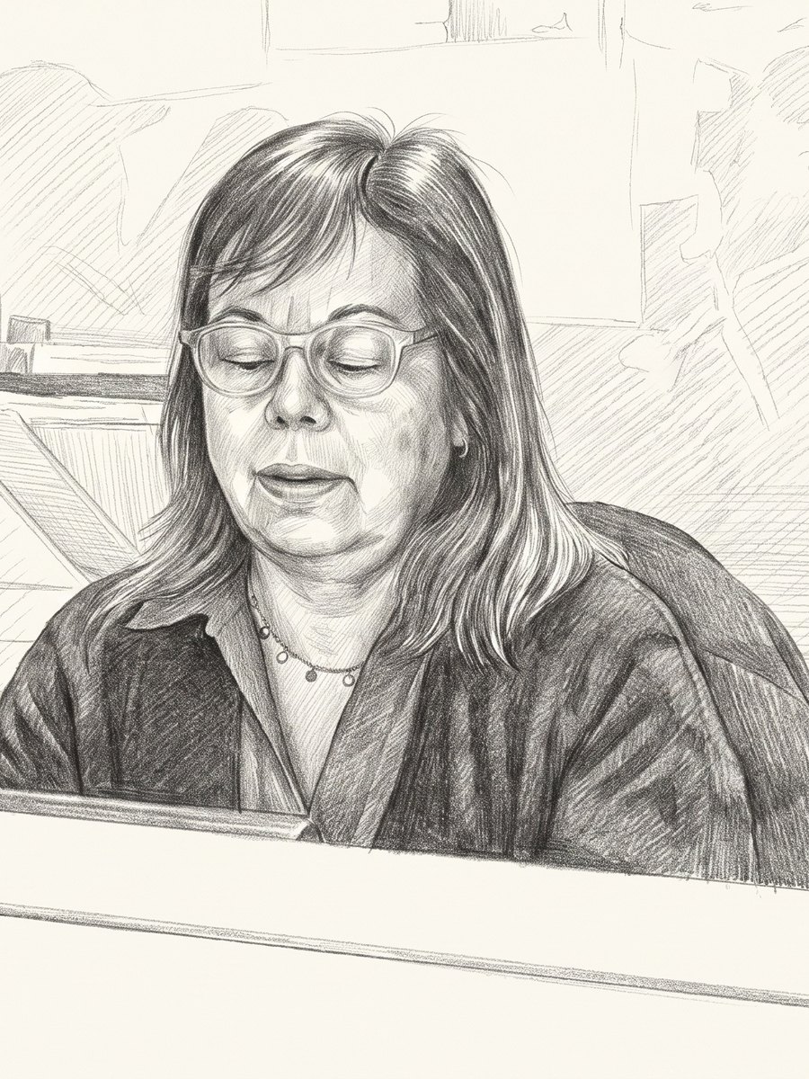Integrante del equipo de la 41ª Notaría de Santiago en la ventanilla de caja — dibujo a grafito
