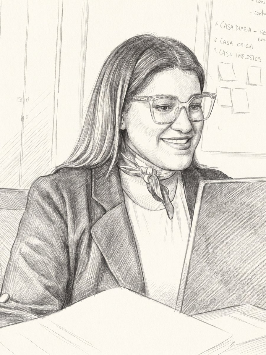 Integrante del equipo de la 41ª Notaría de Santiago sonriendo frente a su portátil — dibujo a grafito