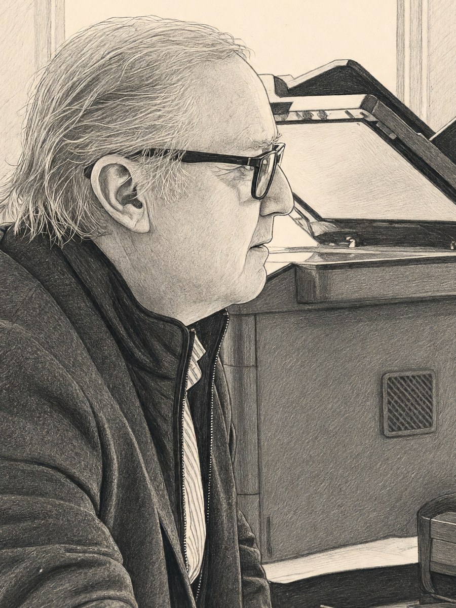 Integrante del equipo de la 41ª Notaría de Santiago digitalizando un documento en el escáner — dibujo a grafito