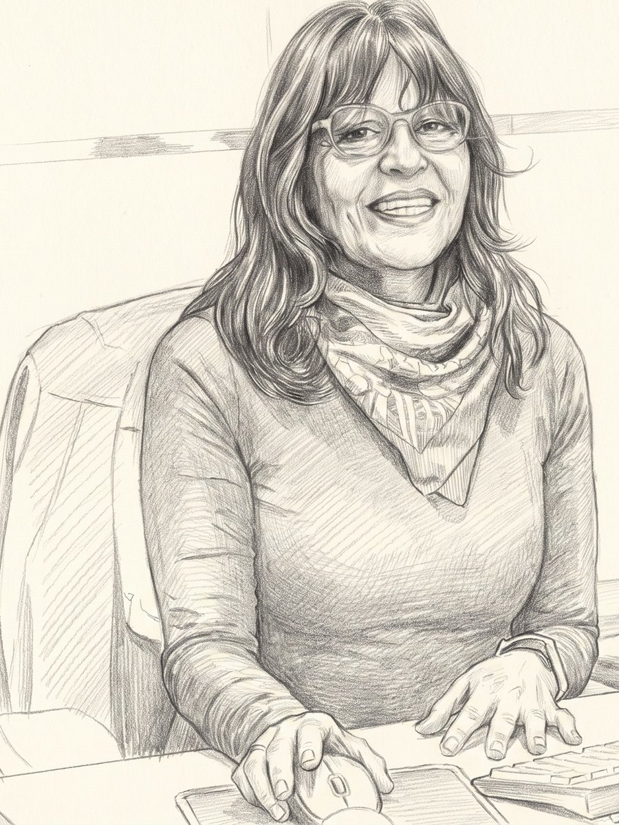 Integrante del equipo de la 41ª Notaría de Santiago atendiendo una consulta — dibujo a grafito