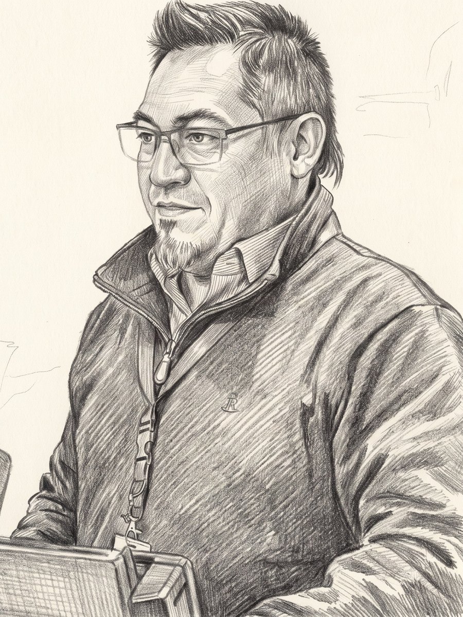 Integrante del equipo de la 41ª Notaría de Santiago frente a su pantalla — dibujo a grafito