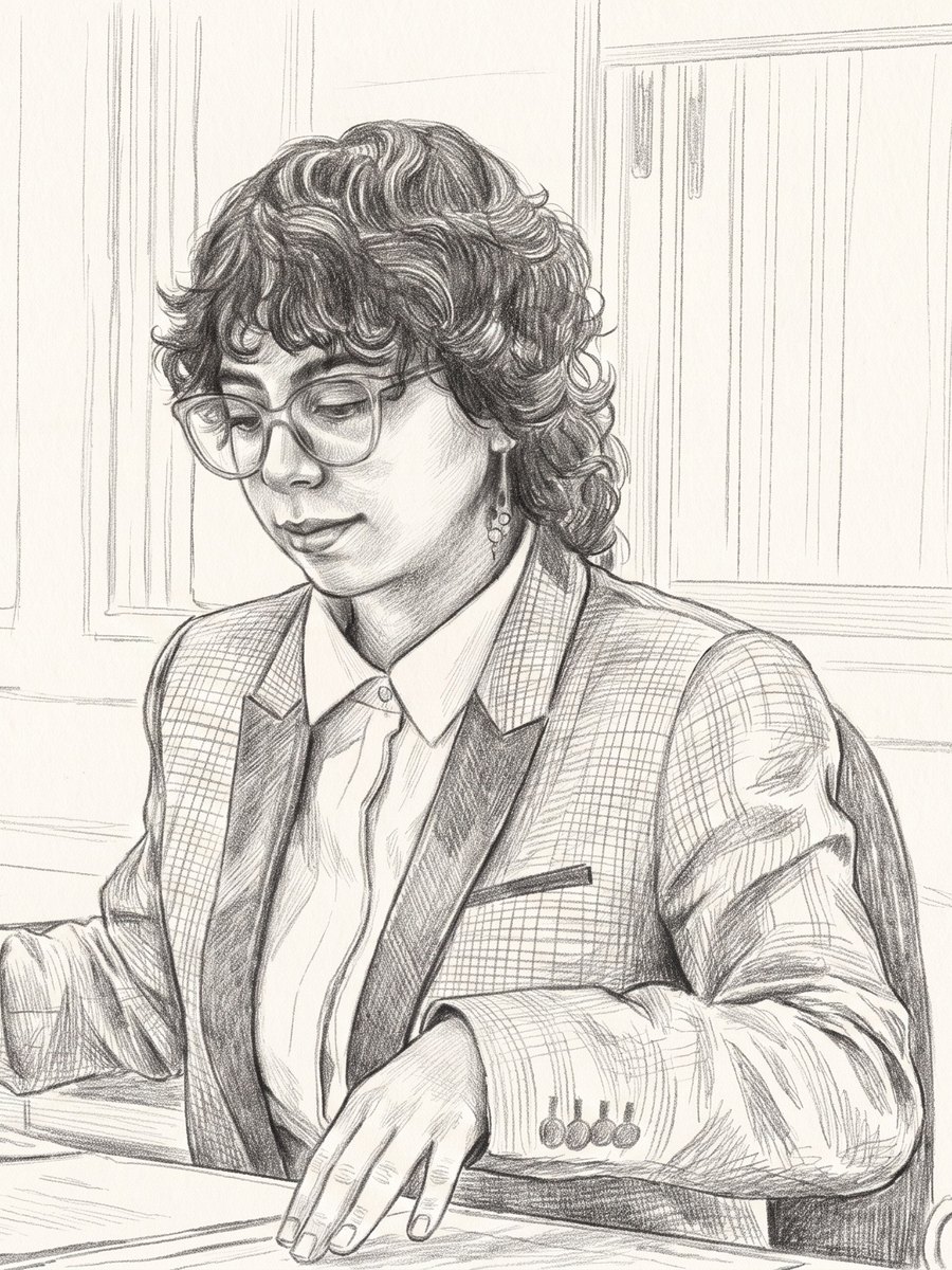 Integrante del equipo de la 41ª Notaría de Santiago leyendo un protocolo — dibujo a grafito