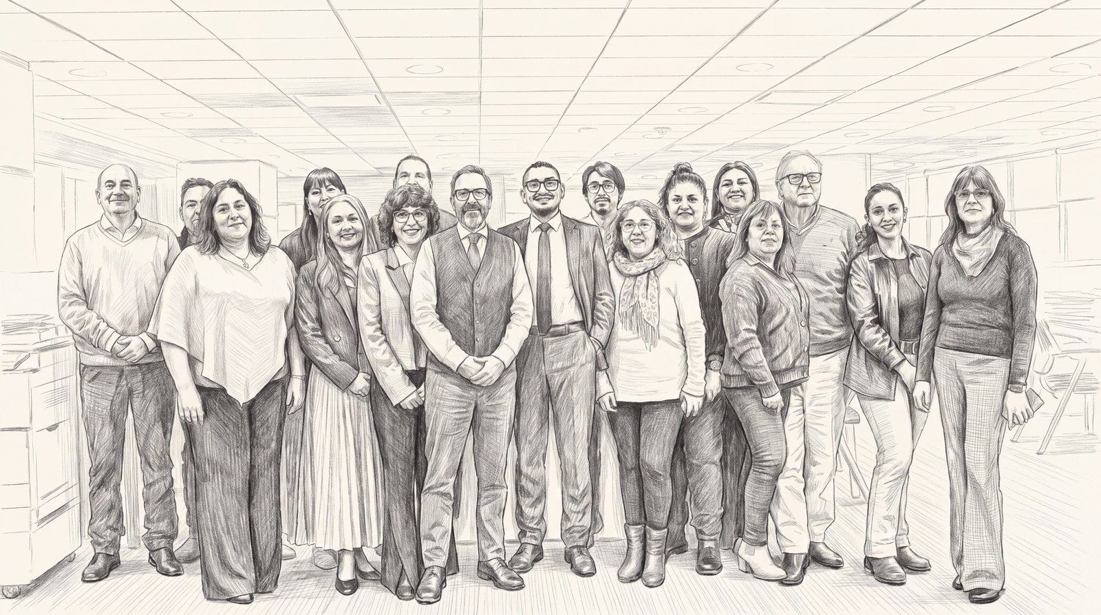 El equipo completo de la 41ª Notaría de Santiago junto al notario José Tomás Fabres Bordeu — dibujo a grafito