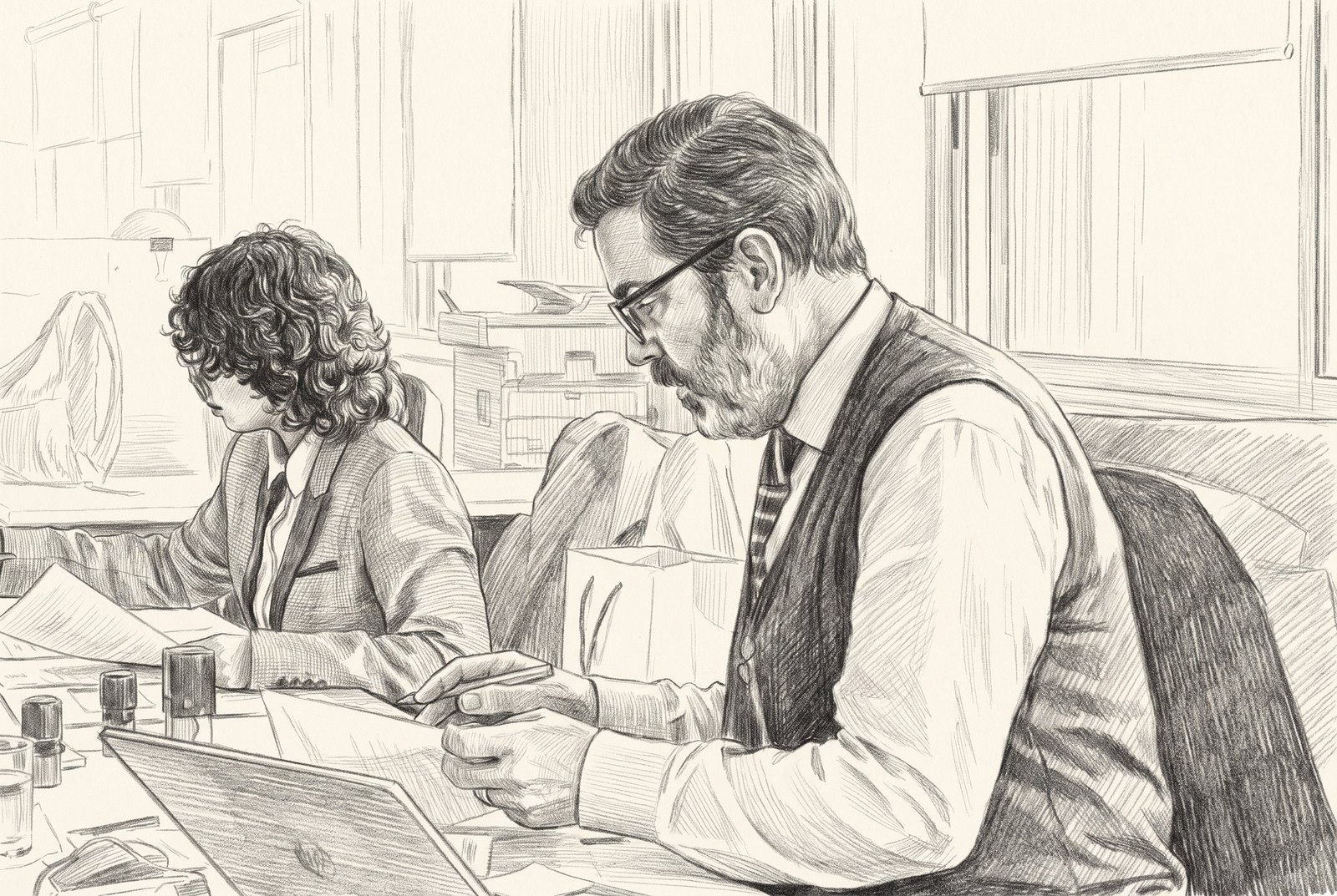 José Tomás Fabres Bordeu, notario interino de la 41ª Notaría de Santiago, revisando y timbrando escrituras en su despacho — dibujo a grafito