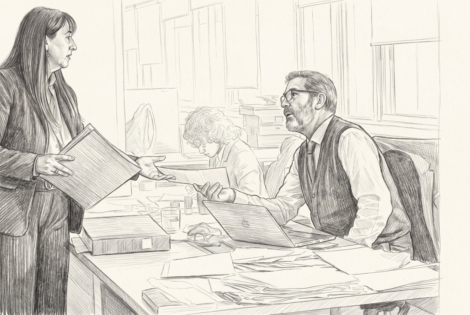 El notario recibe un repertorio de manos de una oficial de la notaría — dibujo a grafito