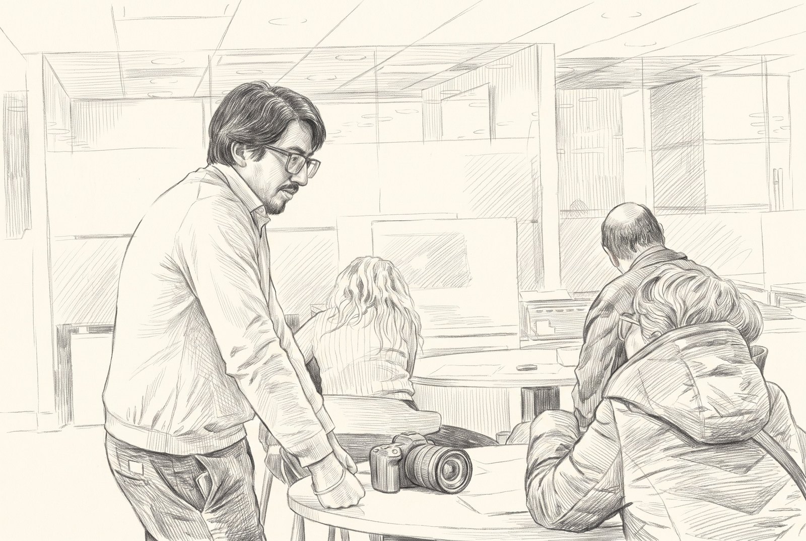 Un oficial de la notaría atiende al público en las mesas de la sala — dibujo a grafito